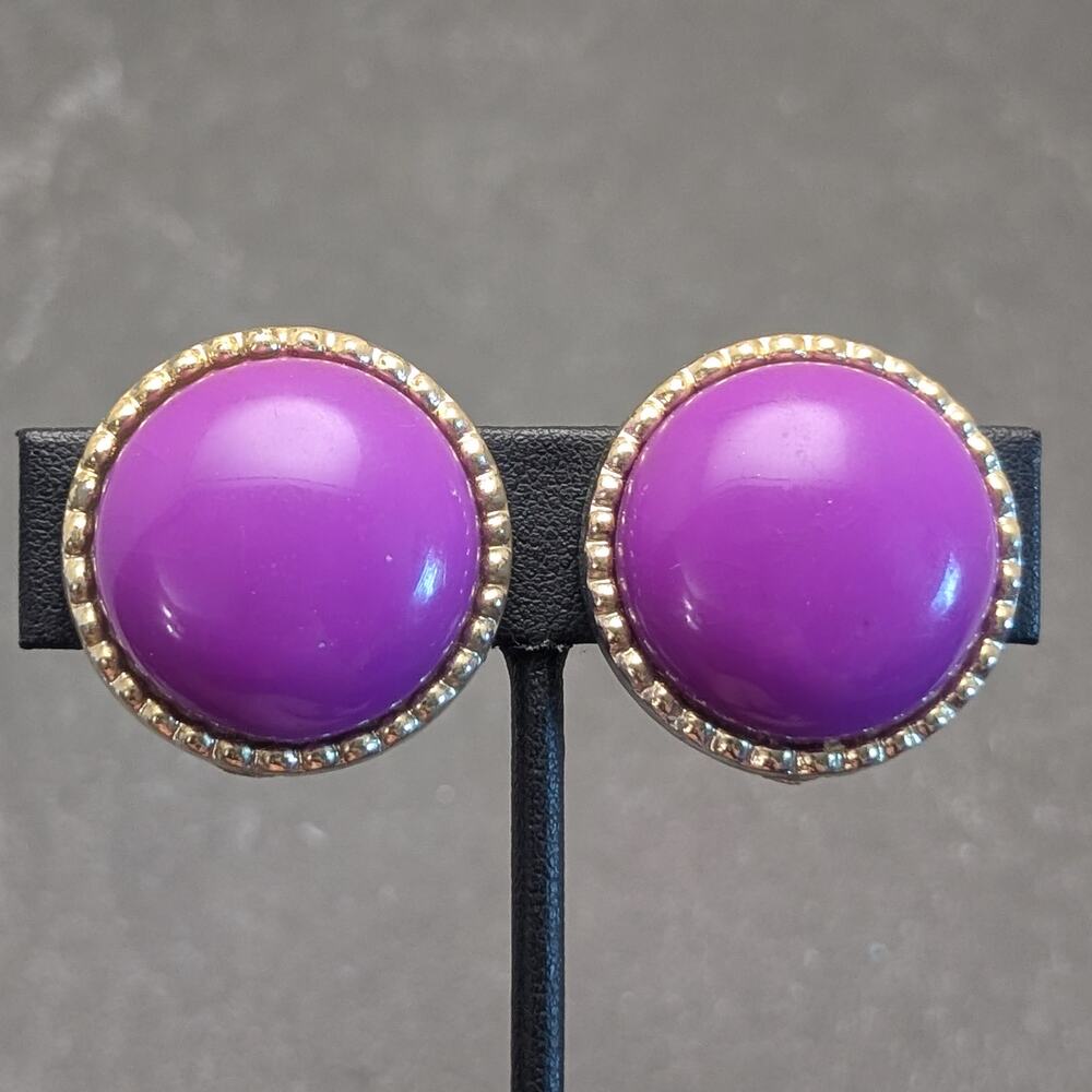 Vintage Clip On Earrings Statement Domed Purple Center with Gold Tone Halo